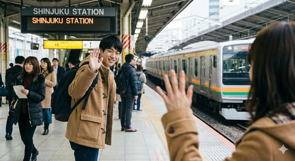 駅で解散する男女