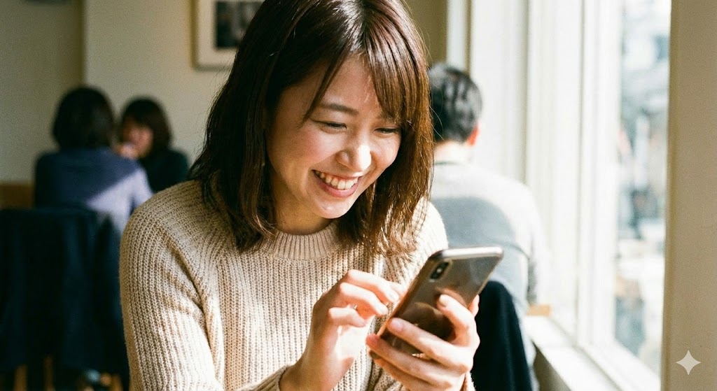 笑顔でスマホを見てメッセージを返す女性