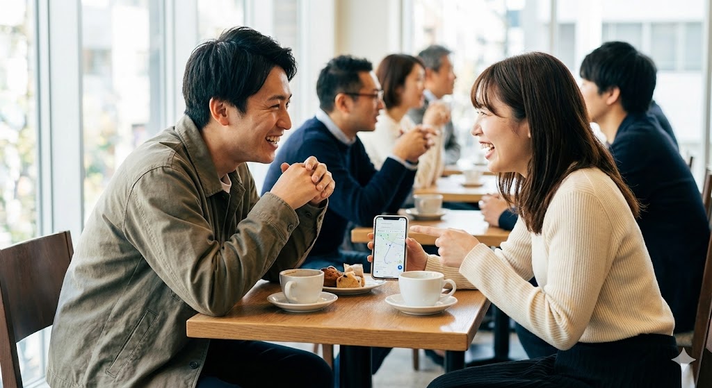 カフェで仲良く話す男女