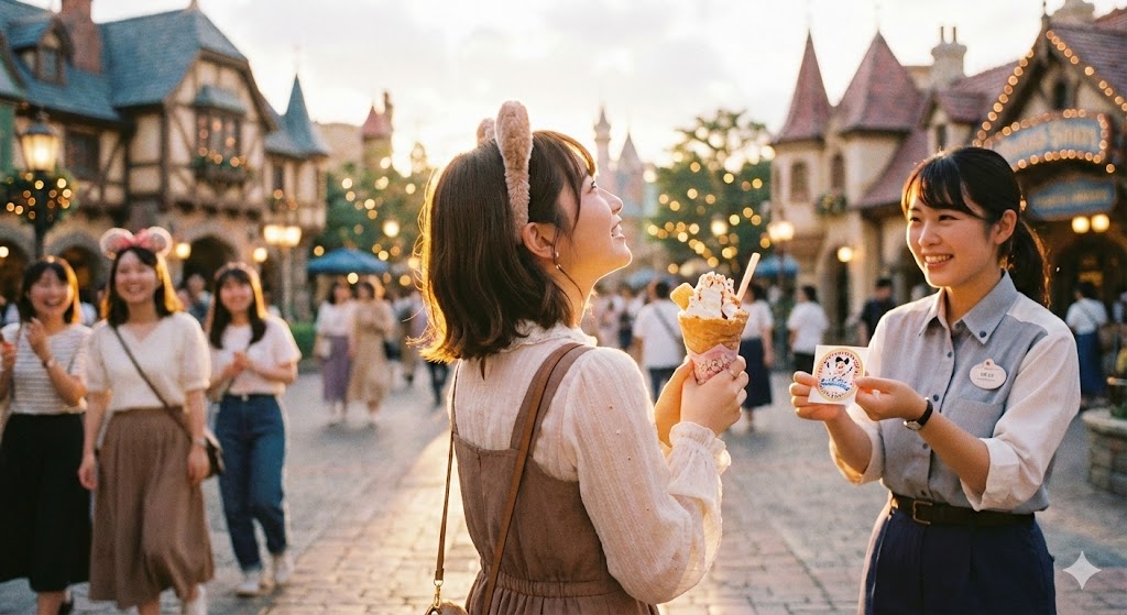 テーマパークで楽しむ女性