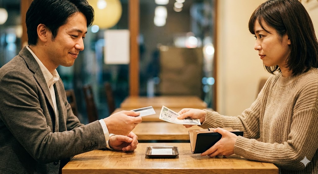 割り勘する男女