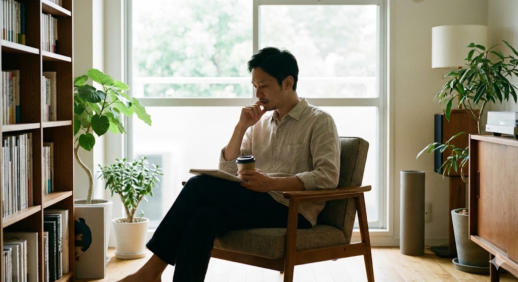 何かを考えこむ男性