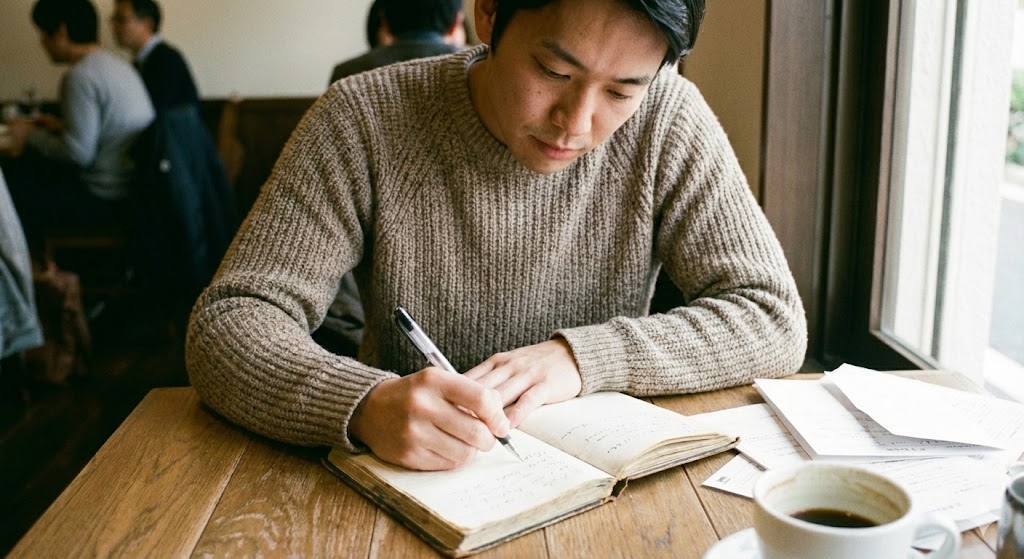 ノートに書きこむ男性