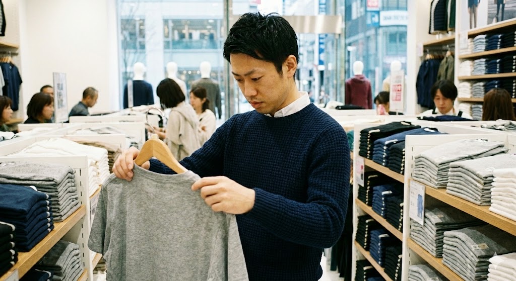 店舗で服を選ぶ男性