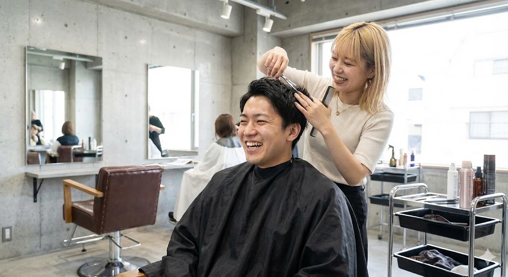 美容院で整髪をする男性