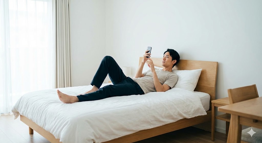 ベッドの上でスマホを触る男性
