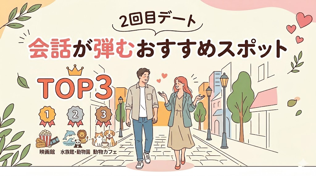 2回目デートで会話が弾むおすすめスポットTOP3（1位：映画館、2位：水族館・動物園、3位：動物カフェ）