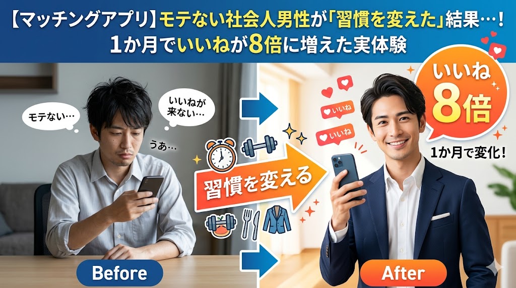 マッチングアプリでの「習慣改善」による変化を比較した画像。左側は暗い表情でスマホを見る「Before（変化前）」、中央には生活習慣を変える矢印とアイコン、右側にはスーツを着て自信に満ちた笑顔で「いいね8倍」を達成した「After（変化後）」の男性が描かれている。